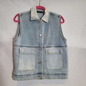 Loveu. Dear Denim Vest with Striped Pockets Collar Womans Size 1XL